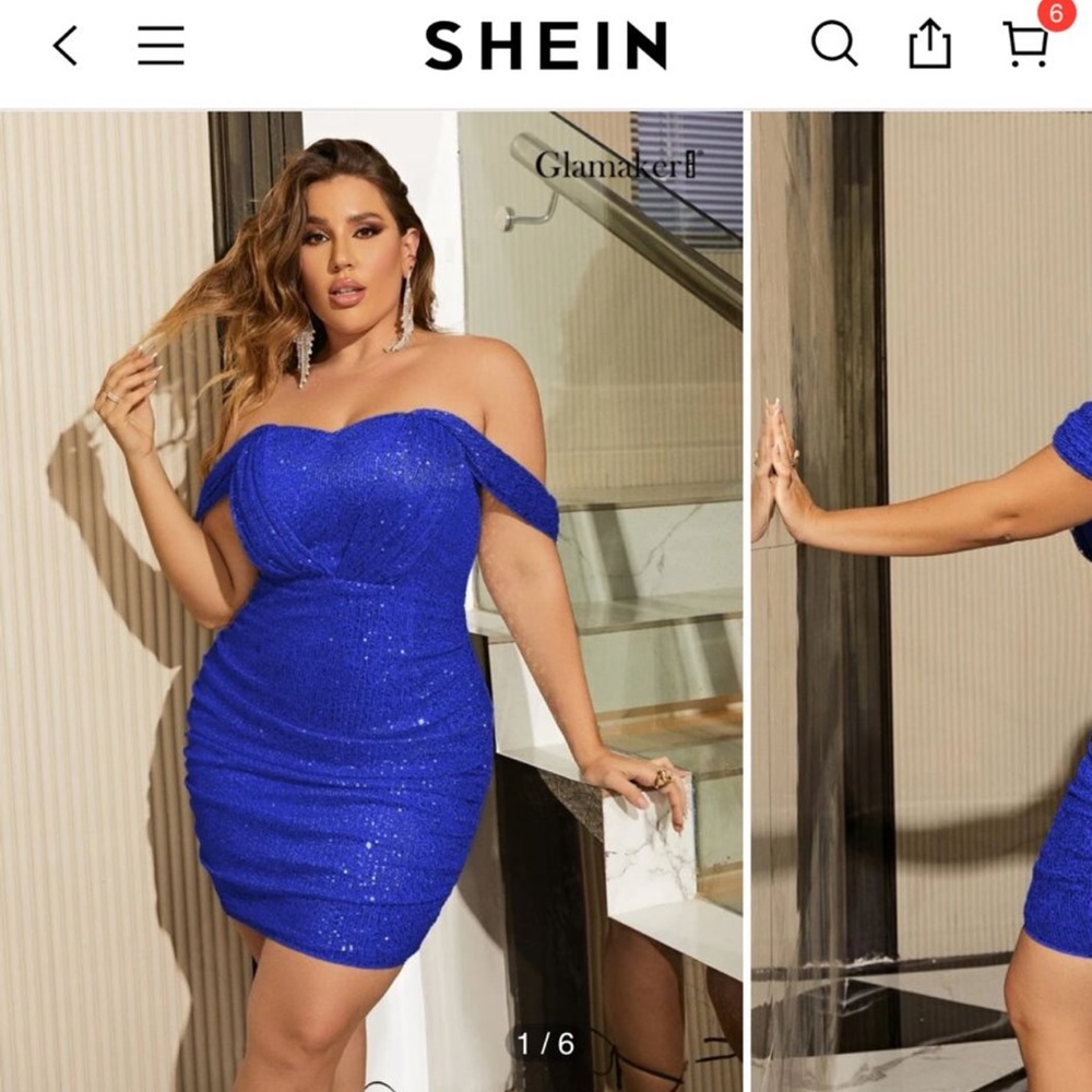royal blue sequins-fitted, short, off-the-shoulder dress from Shein!